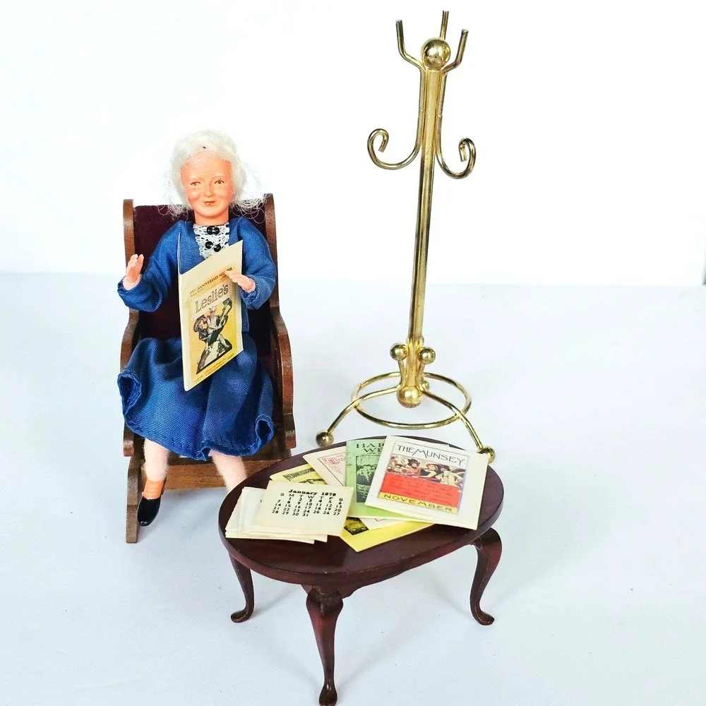 Vtg Dollhouse Furniture Set Table Coat Rack Magazines 1979 Calendar Victorian